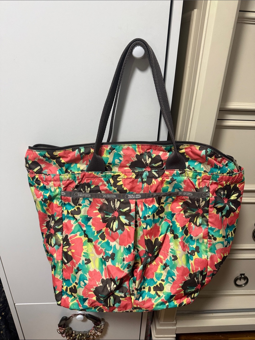 Lesportsac Floral Tote in Coral, Teal & Black